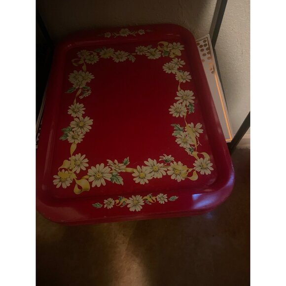 Vintage Red Metal Daisy Floral Serving Tray1950’s Mid-Century  Daisy Border - Picture 7 of 8
